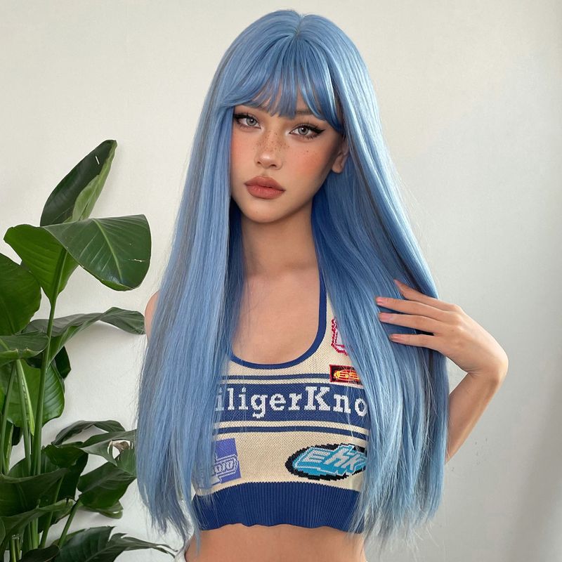 Parrucca sintetica lunga e dritta blu con meches cenere, parrucca cosplay con frangia, capelli naturali quotidiani per donne, fibra resistente al calore_voghion.com