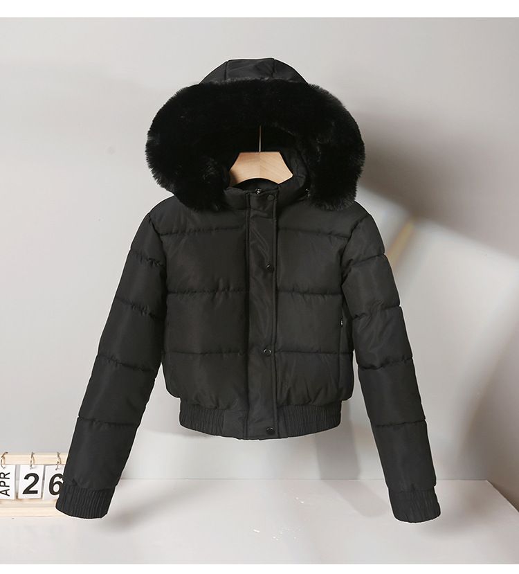 Piumino corto da donna con cappuccio e bordo in pelliccia sintetica - Caldo cappotto invernale foderato in pile per capispalla casual e di piccola taglia, nei colori nero/beige/kaki/marrone_voghion.com