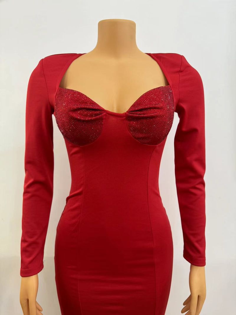 Abito da donna a maniche lunghe, sexy, con scollo a V, con gonna a mezza lunghezza e fascia a diamante, abito da banchetto_voghion.com