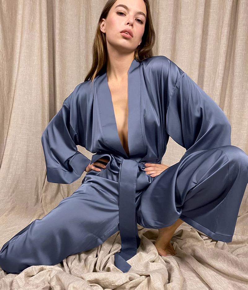Cardigã de cetim feminino com renda, camisola e pijama de cor sólida, conjunto solto para casa_voghion.com