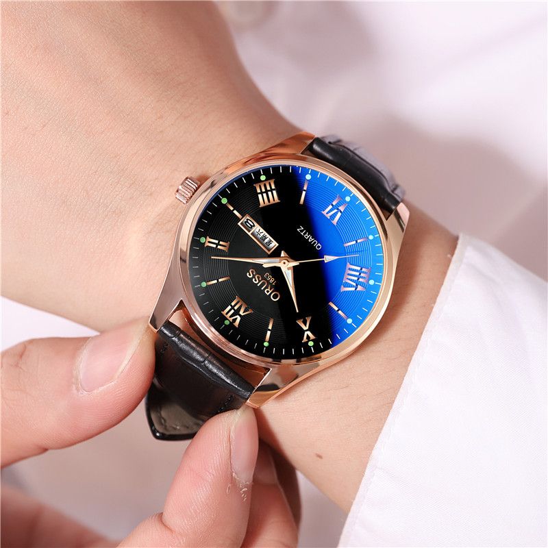 Aoruisi Brand Men's Simple Ultra-thin Leather Strap Korean Version Luminous Casual Waterproof Dual Calendar Student_voghion.com