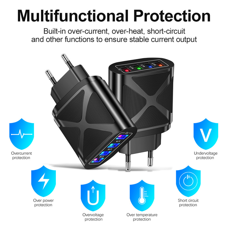Chargeur de téléphone portable Music Festival Luminous 4USB Tête de charge de voyage 3A Chargeurs standards américains, européens et britanniques_voghion.com