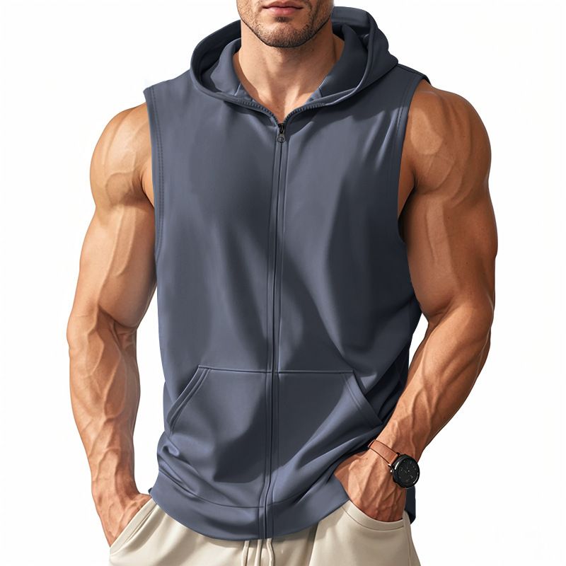 Herren Sommer Unterhemd mit Kapuze Sport Fitness Training Reißverschluss Strickjacke Ärmellose Weste Tops_voghion.com