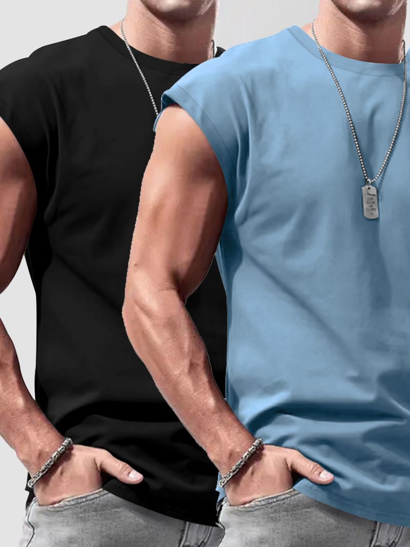 Men's Summer New Sleeveless Vest Two-Piece Set Casual Loose Solid Color Thin Tank Top_voghion.com