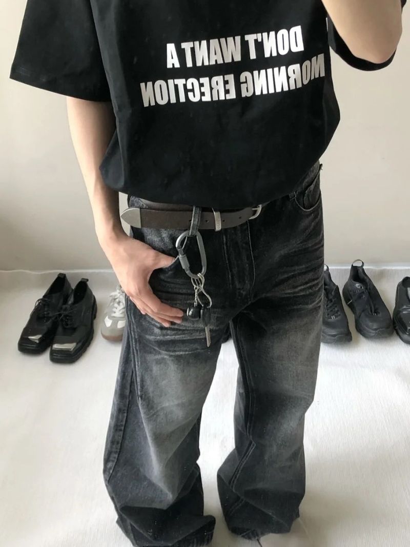 Schwarze, verwaschene American Vintage-Jeans für Herren – Lockere, weite Beinpassform, Used-Look mit Katzenschnurrhaaren, Cleanfit-Unisex-Stil_voghion.com