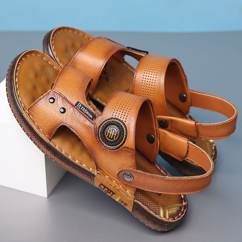 Herrenschuhe, Sommersandalen, trendiger Stil, Strandschuhe aus Leder für den Außenbereich, rutschfest, für Herren, zum Fahren, mit weicher Sohle_voghion.com