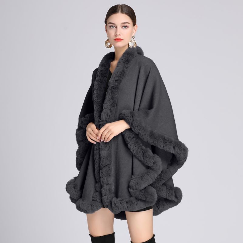 Fur Collar Cape Ladies Large Size Knitted Cardigan Loose Coat Artificial Fur Fashionable And Warm Shawl Cape_voghion.com