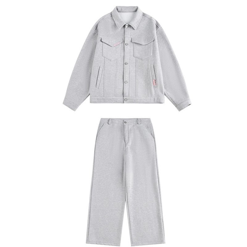 Men's Workwear Style Jogger Set Winter Autumn Multi-Pocket Jacket With Straight Leg Pants Streetwear Casual Outfit Grey_voghion.com