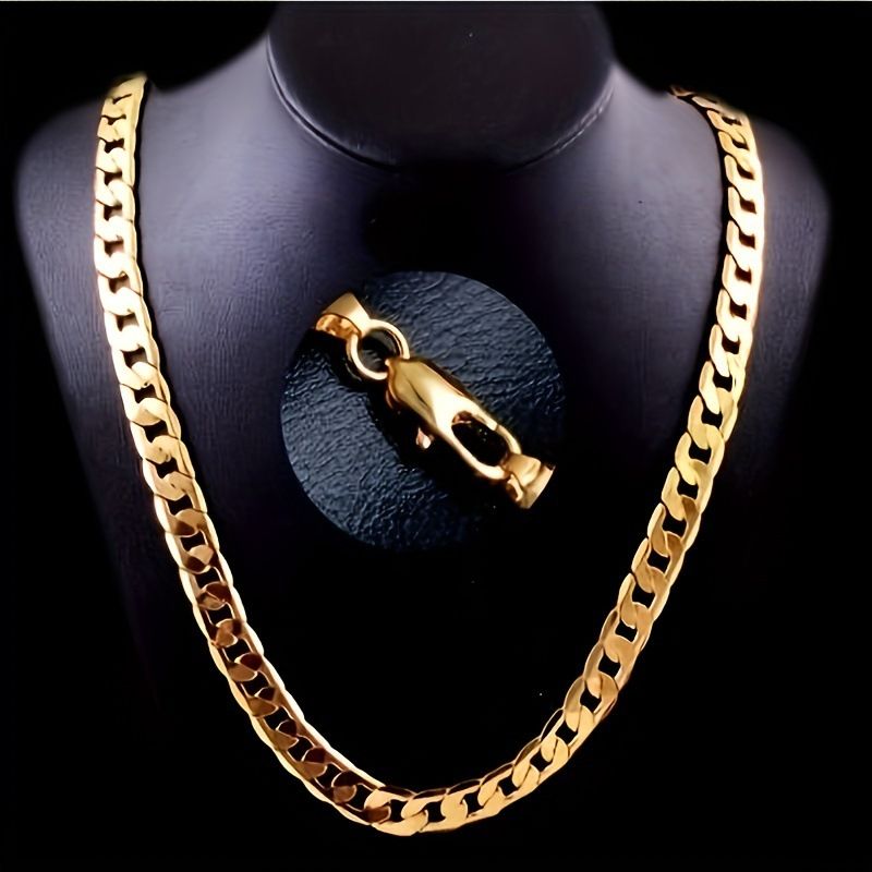 Hot Selling Stainless Steel Golden Men's Cuban Chain Necklace Bracelet 2-piece Set | Hip-hop,Rapper_voghion.com
