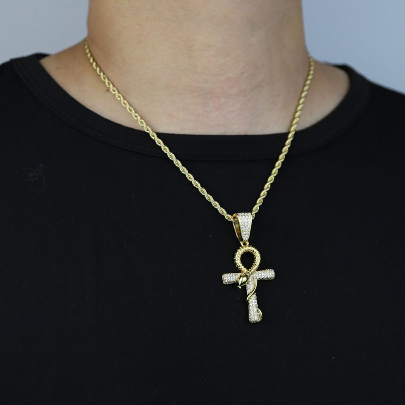 Collier pour homme avec pendentif en forme de croix de serpent style hip-hop, tendance et incrusté de zircons_voghion.com