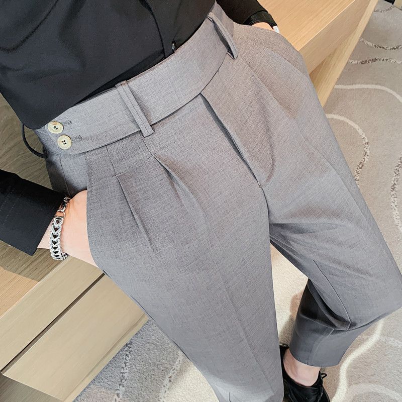Pantaloni napoletani da uomo nuovi di zecca, in twill strutturato, con vita a pieghe, design casual a nove punte, vita media e alta_voghion.com