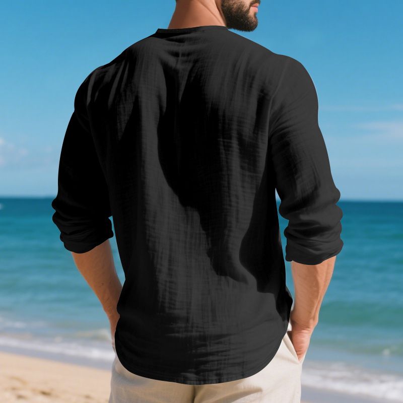 Grenzüberschreitendes Herbstneuprodukt Amerikanisches lockeres, einfarbiges Leinen-Lässiges Herren-T-Shirt mit V-Ausschnitt und großem Langarm_voghion.com
