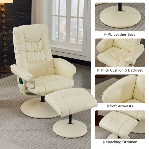 015-Reclining Chair With Ottoman, 360° Swivel PU Leather Recliners With 5 Massage Mode, Adjustable Backrest For Home Or Office, Beige_voghion.com