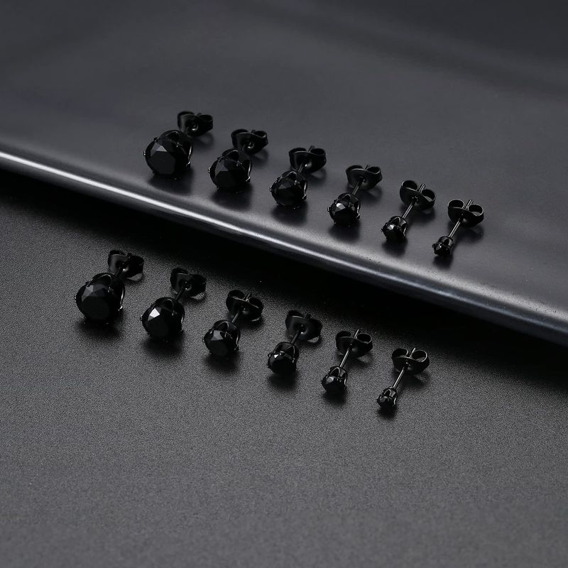 Orecchini in acciaio inossidabile nero - Orecchini a lobo rotondi a 6 griffe e quadrati a 4 griffe con diamanti, pallina rotonda e ciondolo a forma di torta_voghion.com