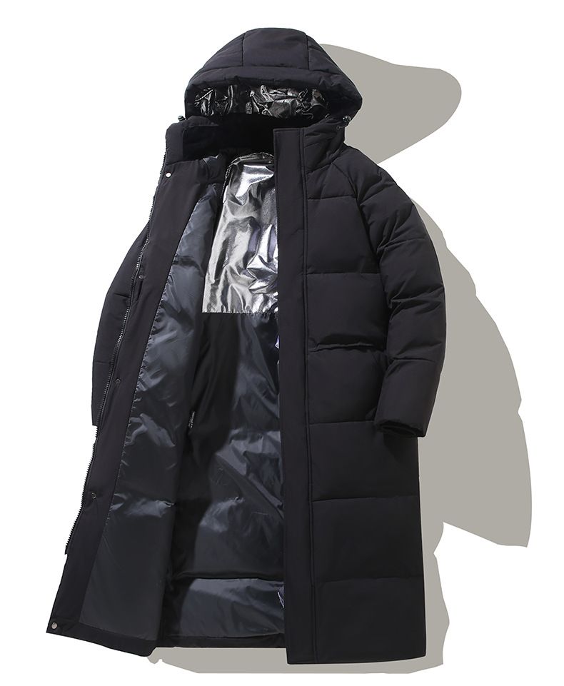 Lange Daunenjacke mit Kapuze für Herren – knielanger Wintermantel mit mehreren Taschen, 550 FP Entendaunen, winddicht und ultrawarm, Slim Fit Streetwear_voghion.com