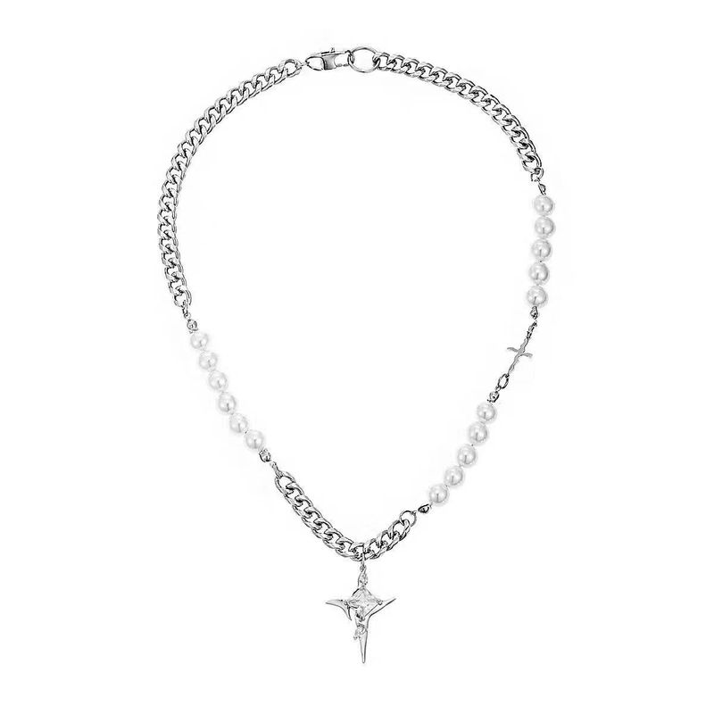 Collana con croce a stella e perle da uomo, hip-hop alla moda, di alta qualità, cool e versatile, design di nicchia, catena per clavicola da donna_voghion.com