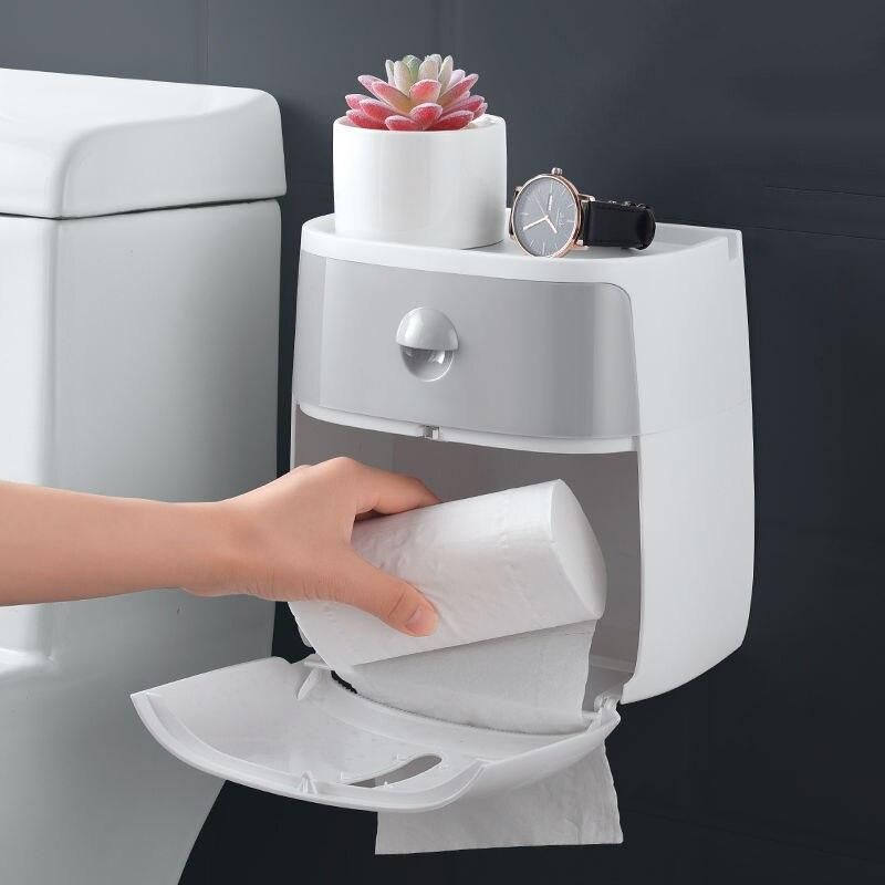 Portarrollos de papel higiénico de pared, resistente al agua, organizador de doble capa con cajón_voghion.com
