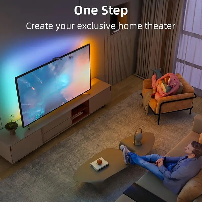 Striscia di luce ambientale LED RGB Smart TV Sync - Mirroring dello schermo con sincronizzazione della fotocamera, telecomando a 24 tasti e controllo Bluetooth, 5050 SMD RGBIC, certificazione CE_voghion.com