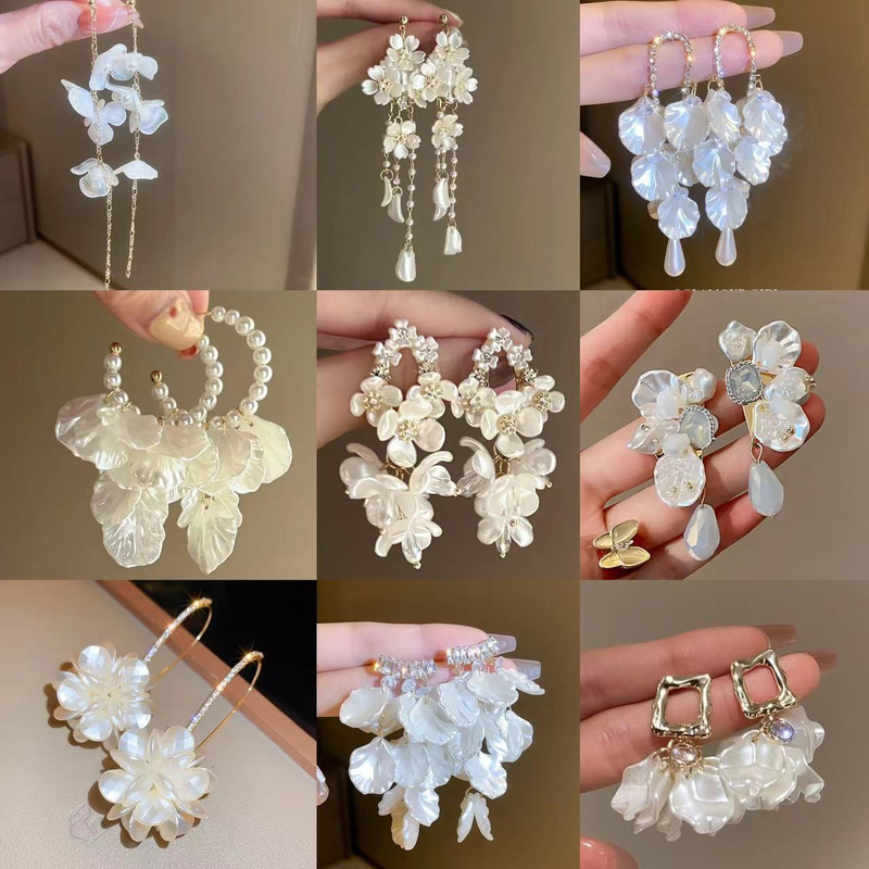 Orecchini a forma di petalo con perla e diamanti intarsiati in argento, super immortali, dolci e raffinati, stile forestale._voghion.com