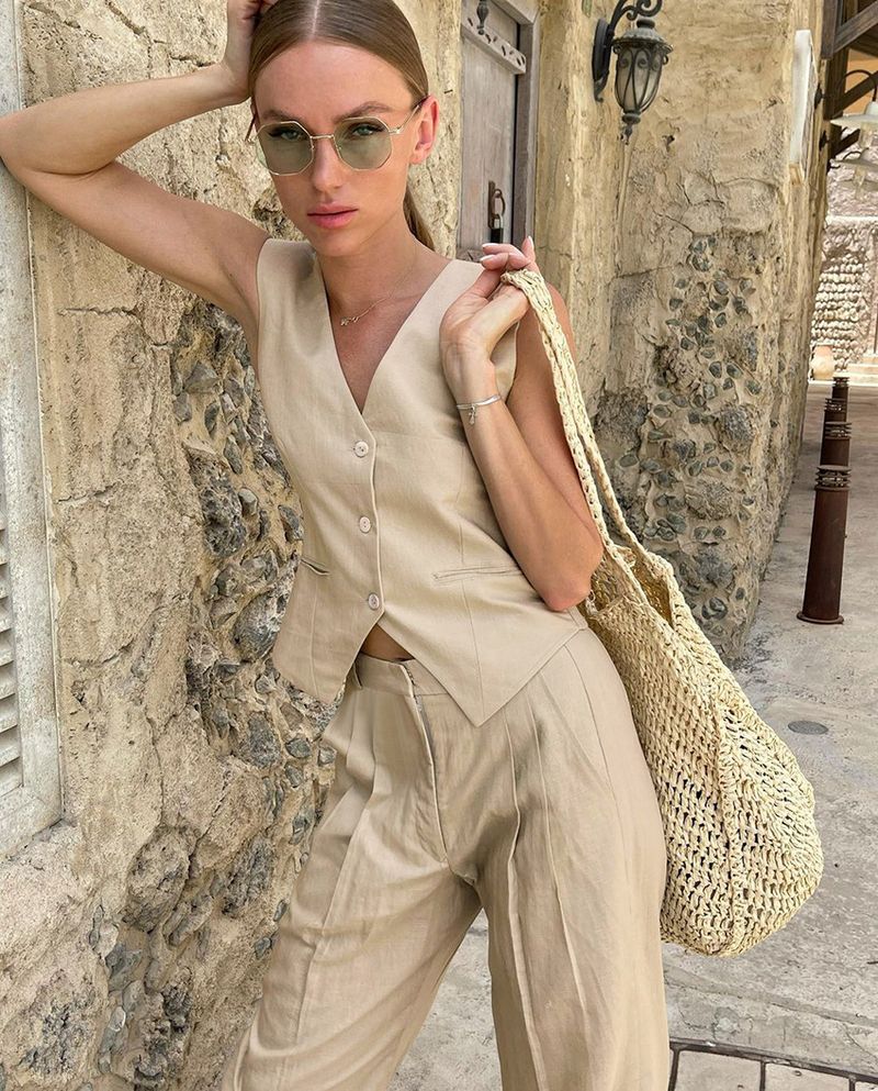 Completo da donna in cotone e lino senza maniche, gilet e pantaloni da donna, set due pezzi moda casual da donna_voghion.com