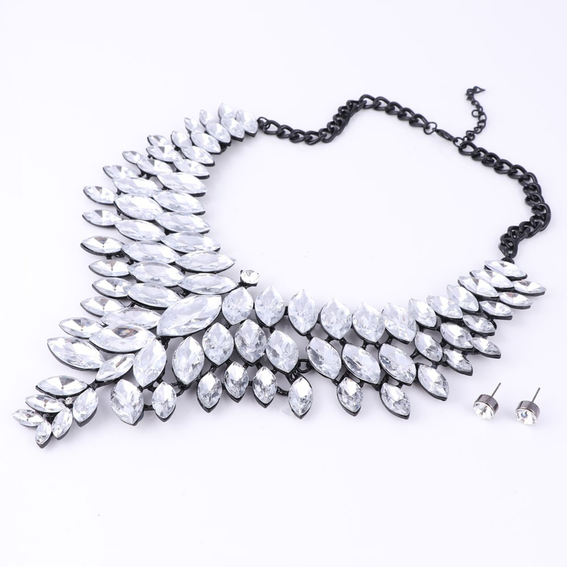 Schwarze Kette Kristall Braut Statement-Schmuck-Set für Bräute Halskette Ohrring Hochzeit Zubehör Schmuck-Sets_voghion.com