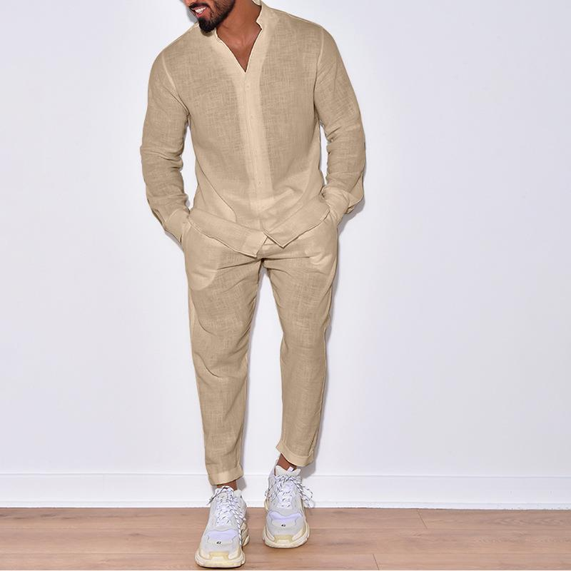 Sports men's linen, autumn casual set, long sleeved fashionable work suit, two piece pants set_voghion.com
