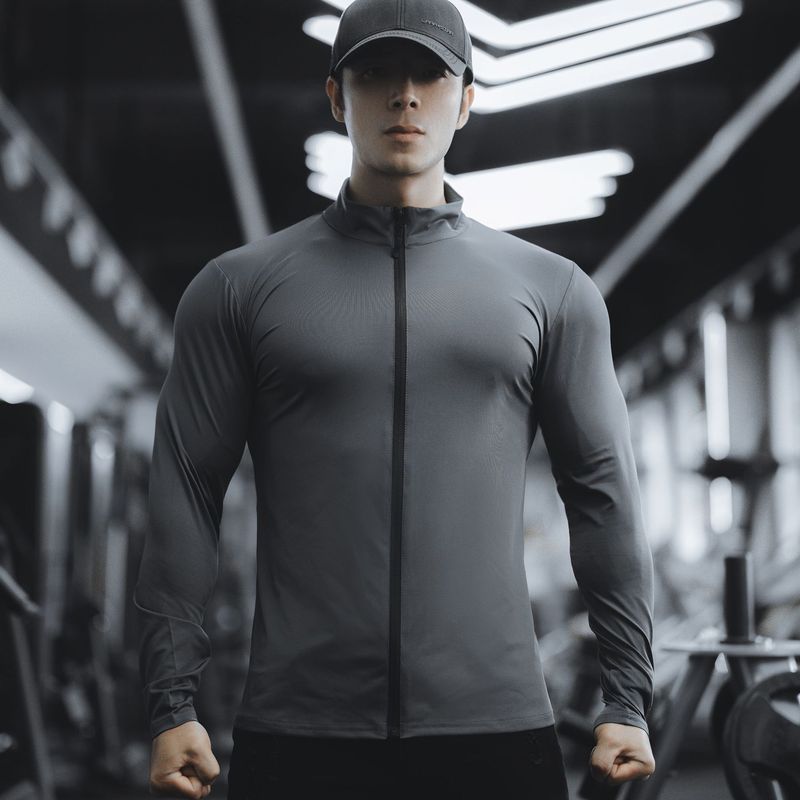 Camiseta de manga larga para hombre, ropa deportiva de primavera y otoño, para correr, fitness, ejercicio, elástica, de secado rápido, con cremallera y color liso_voghion.com