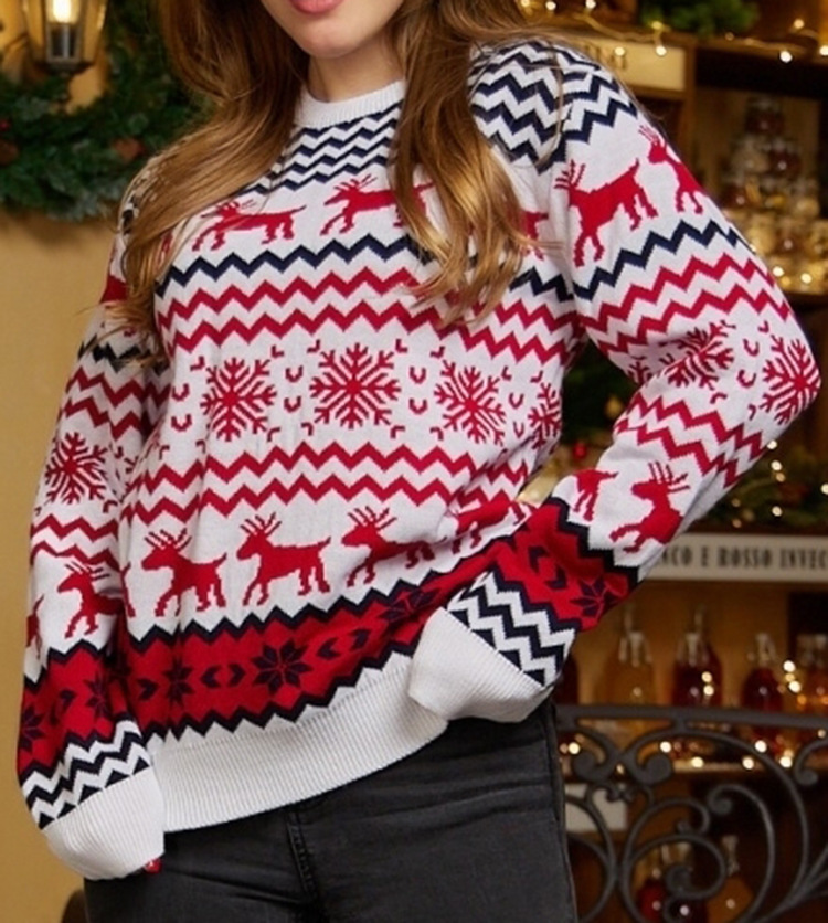 Weihnachten Damenbekleidung beliebte kleine Schneeflocke Weihnachtspullover Herbst und Winter lässig Paar tragen Weihnachtspullover mit Rundhalsausschnitt_voghion.com