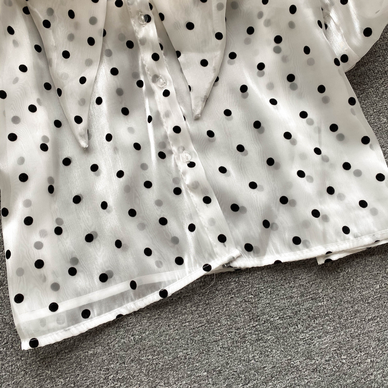Women's puff sleeve tie bow polka dot shirt thin see-through loose slimming temperament chiffon shirt_voghion.com