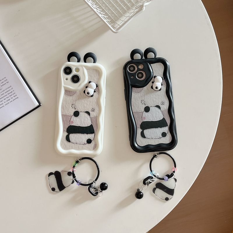 3D Cartoon Panda Case with Lanyard, TPU Protective Cover for 7-15 Pro Max, Cute Summer Trendy Shockproof Basic Case with Panda Charm Accessory_voghion.com