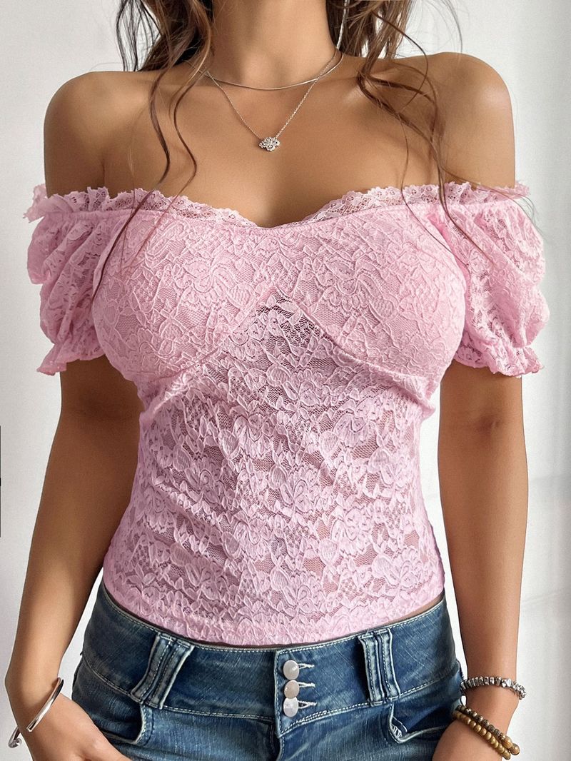 Diyun Cross Border primăvară și vară europene și americane sexy Hollow Navel expunând Slim un umăr dantelă topuri pentru femei_voghion.com