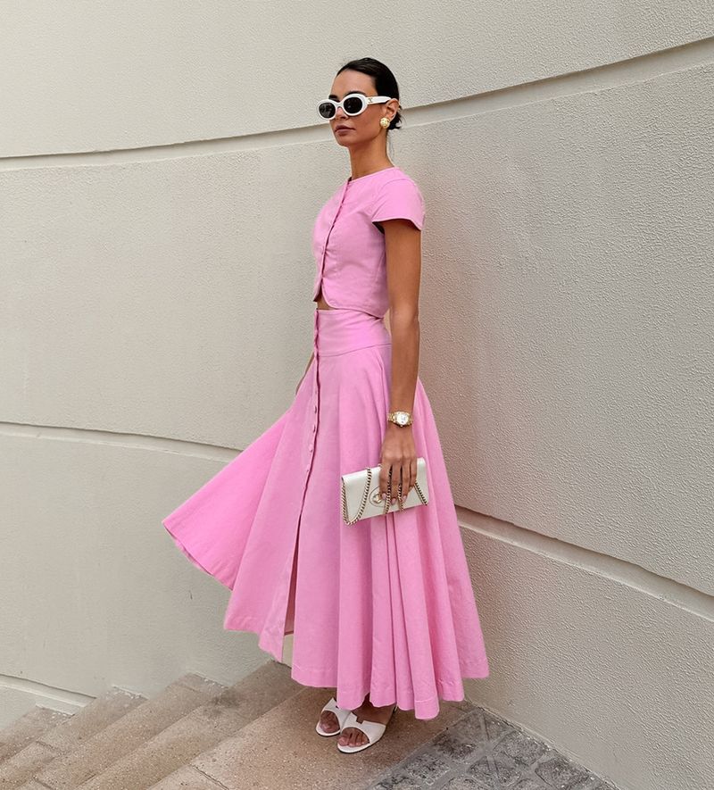 Vêtements pour femmes élégants tailleur jupe longue trapèze rose chemise jupe deux pièces_voghion.com