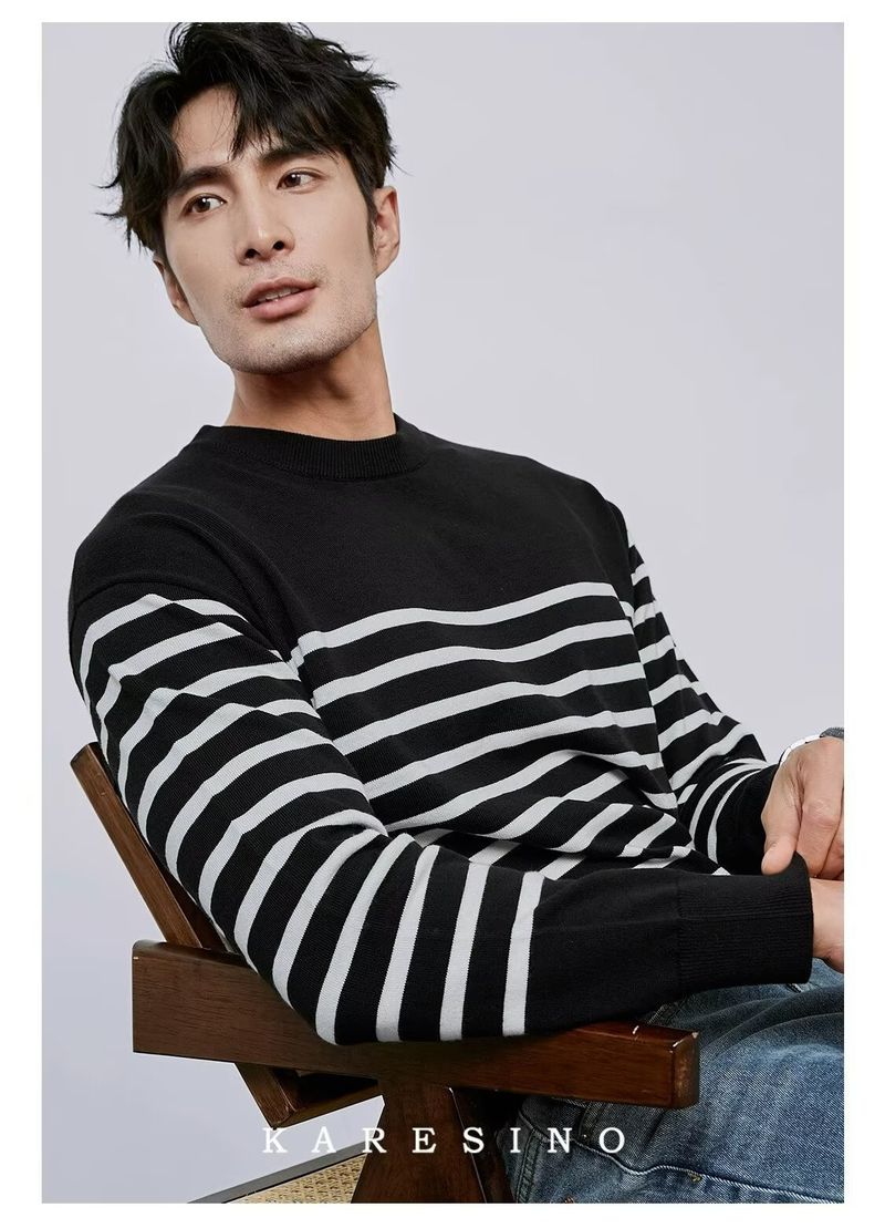 Frühling und Herbst, neuer gestreifter Langarm-Strickpullover für Herren, schmale Passform, leicht, Innenschichtbasis_voghion.com