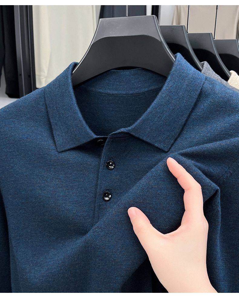 Men's Long Sleeve Knitted Sweater Spring Autumn Thin Wool Blend Turn-down Collar Middle-aged Base Shirt Top_voghion.com