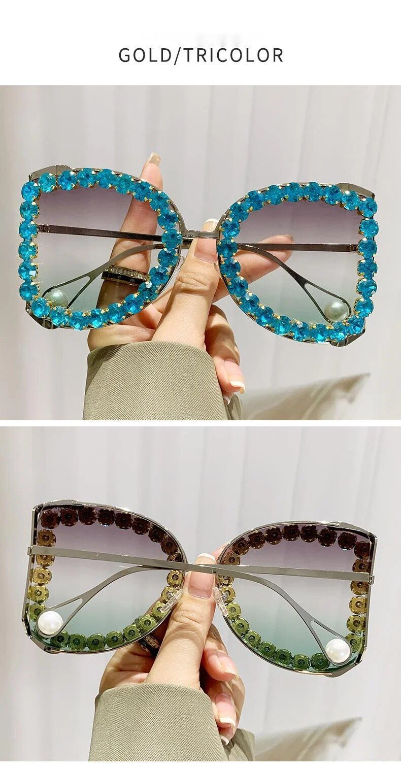 Occhiali da sole di alta qualità con montatura grande intarsiata in diamanti, occhiali da sole con protezione solare personalizzata, nuovi occhiali da sole con protezione solare rossa in rete di perle_voghion.com