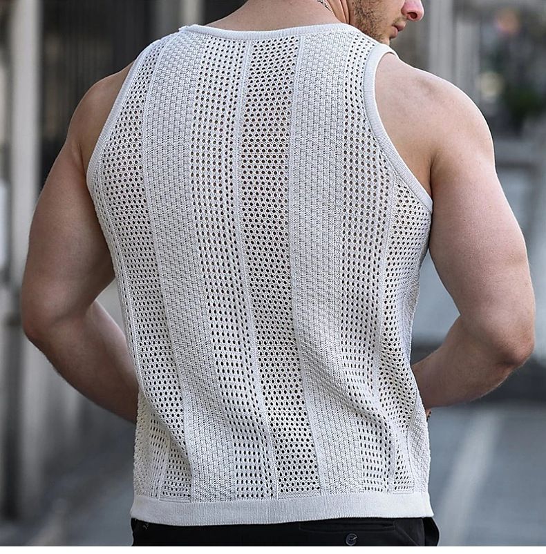 Canotta in maglia slim fit senza maniche da uomo estiva nuova camicia cava SY0187_voghion.com