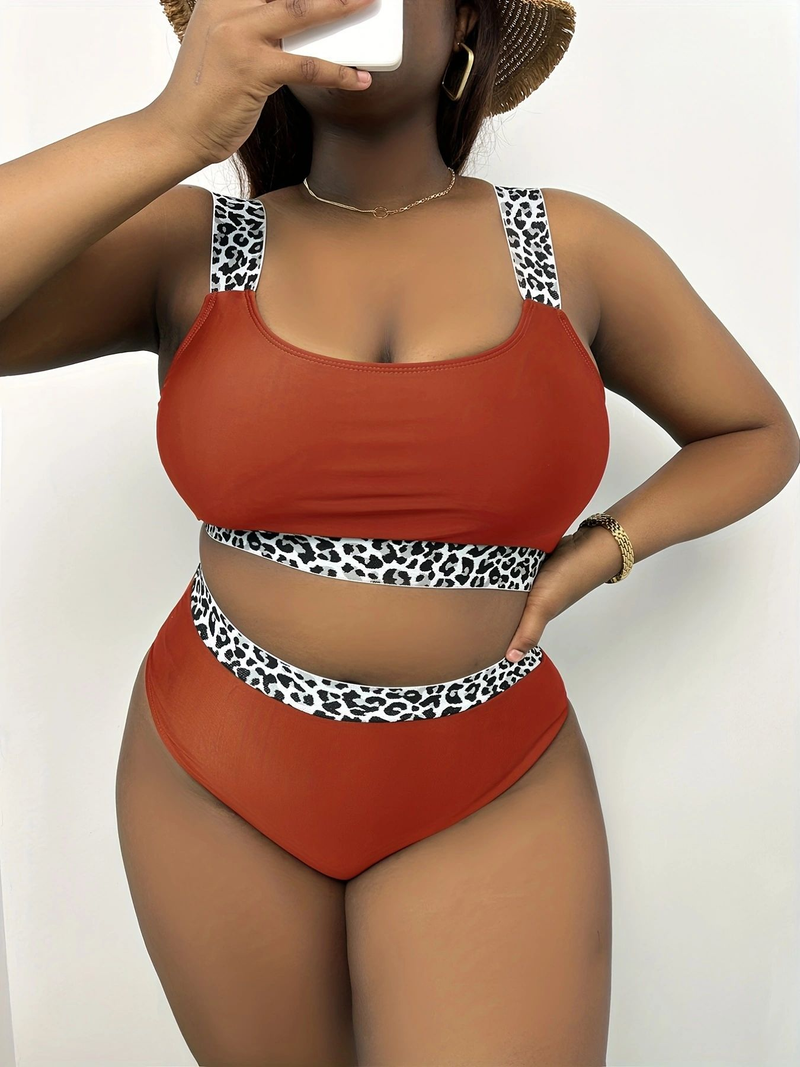 New Fat Mm Large Tank Top Solid Color Leopard Pattern Spliced High Waist Bikini DM326_voghion.com
