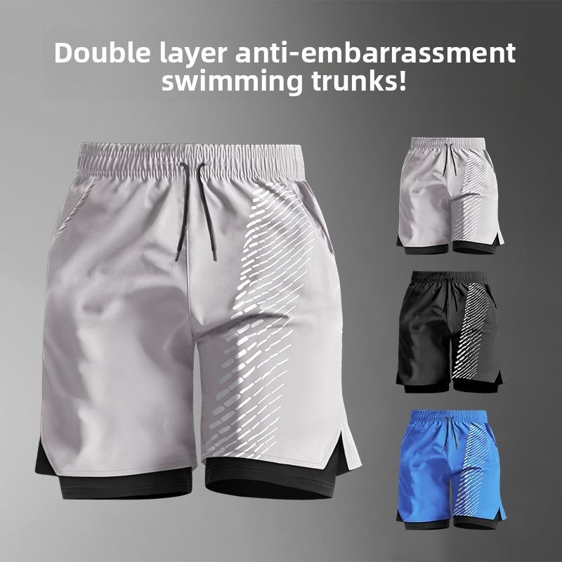 Trunks Set Anti-Embarrassment Double Layer Five-Point Inner Lining Loose Quick-Dry Beach Gear Men's Swimwear Swim Cap_voghion.com