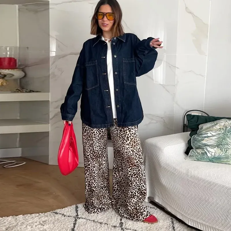 Heißer verkauf Vintage Leopard Print Hosen Frauen Casual Lose Lace Up Breite Bein Hosen Weibliche 2024 Sommer Mode Alle-spiel Dame_voghion.com