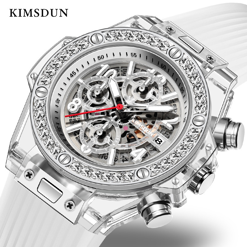 Reloj de cuarzo transparente con incrustaciones de diamantes de la marca Kingston, reloj de red rojo resistente al agua para hombres y mujeres, reloj para amantes de las mareas_voghion.com