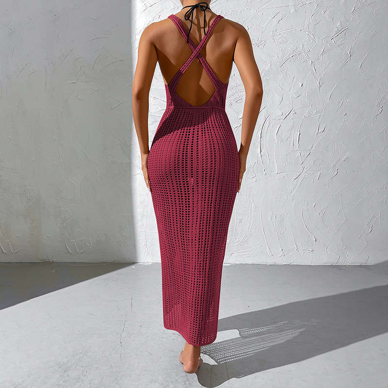 Abito da spiaggia in maglia con scollo a V e schiena scoperta per le donne_voghion.com