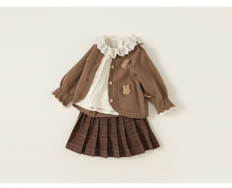 Children's Lovely Knit Cardigan Spring And Autumn Children's Dress Girls Plaid Pleated Skirt Tide_voghion.com