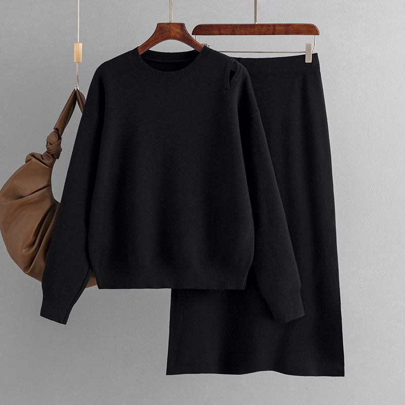 Women's Loose Sweater Half Skirt Set Casual Loose Knit Two Piece Set_voghion.com