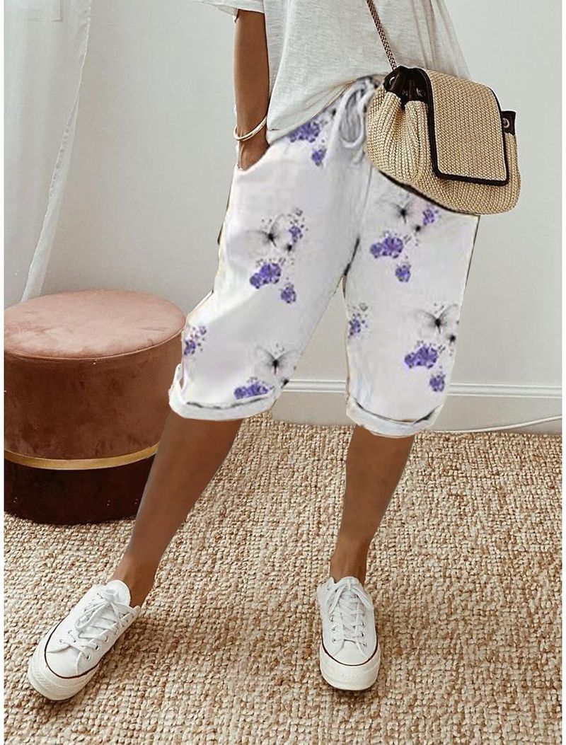 Women's cotton and linen pocket elastic casual pants women's pants quarter pants_voghion.com