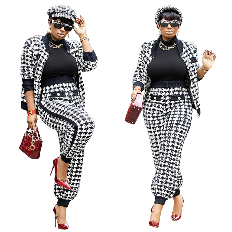 Traje casual de moda para mujer, abrigo con botones y pantalones con estampado de mil pájaros, conjunto de dos piezas_voghion.com