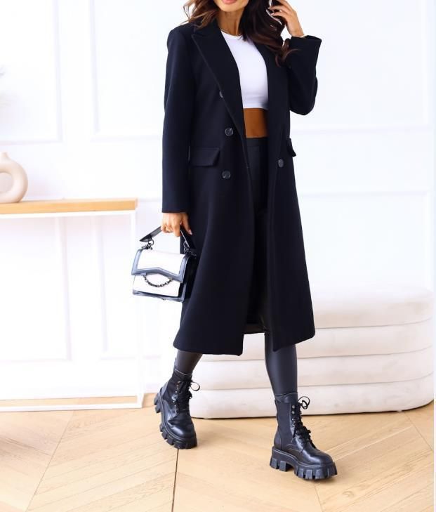 Eleganter zweireihiger Mantel aus Wollmischung mit fallendem Revers – Klassische langärmlige Damenoberbekleidung für Herbst & Winter_voghion.com