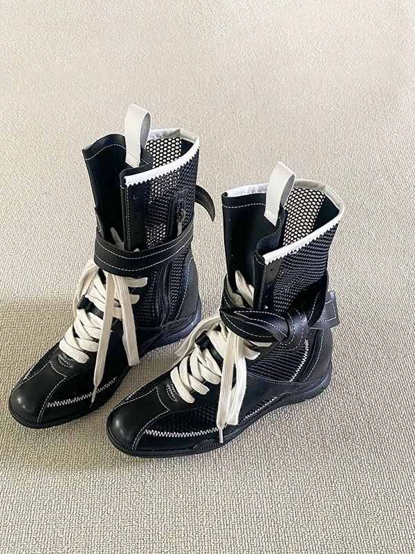 Women Boxing Boots Instant Dispatch ~ Niche Design Thin Mesh For Women Summer Outdoor Wear Height Increasing Boxing Boots Lace-Up Hollow_voghion.com