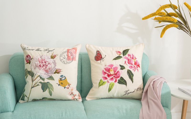 Housse de coussin de canapé en coton brodé à fleurs colorées de style pastoral nordique, vente en gros, directe d'usine_voghion.com
