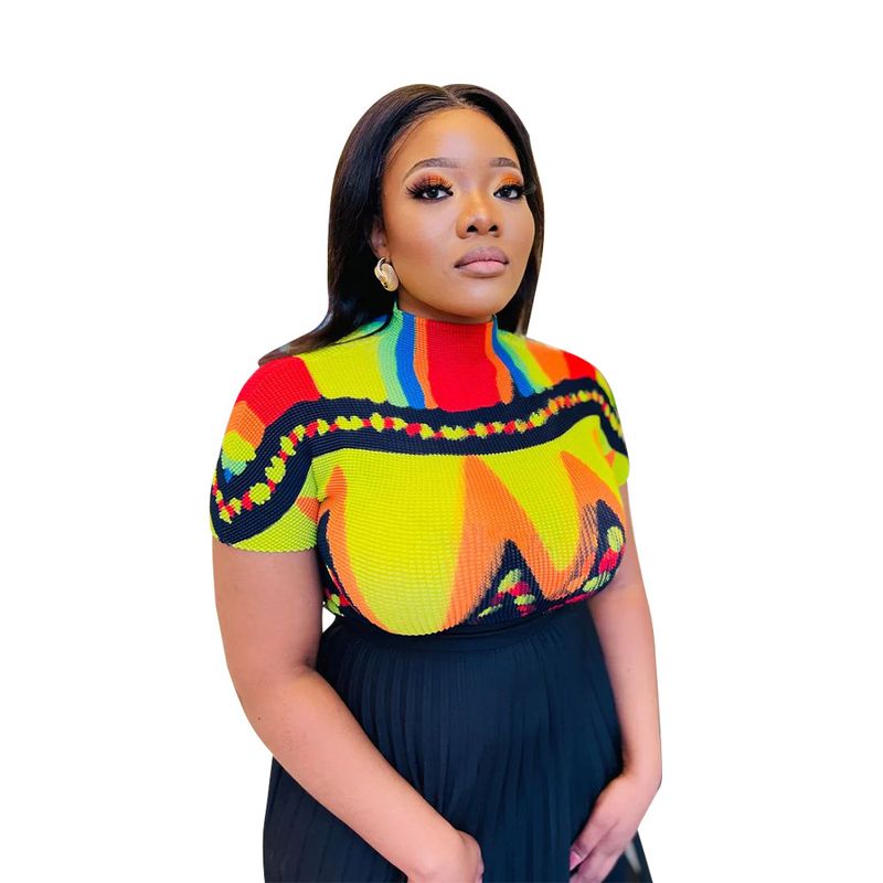 Ženska obleka z okroglim izrezom in kratkimi rokavi, potiskanim nagubanim krilom_voghion.com