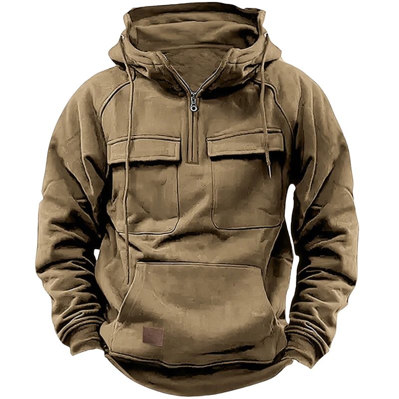 Taktisches Kapuzen-Sweatshirt mit halbem Reißverschluss für Herren, einfarbiges, warmes Fleece-Sweatshirt im Workwear-Stil, Kapuzenjacke mit mehreren Taschen für Herren_voghion.com